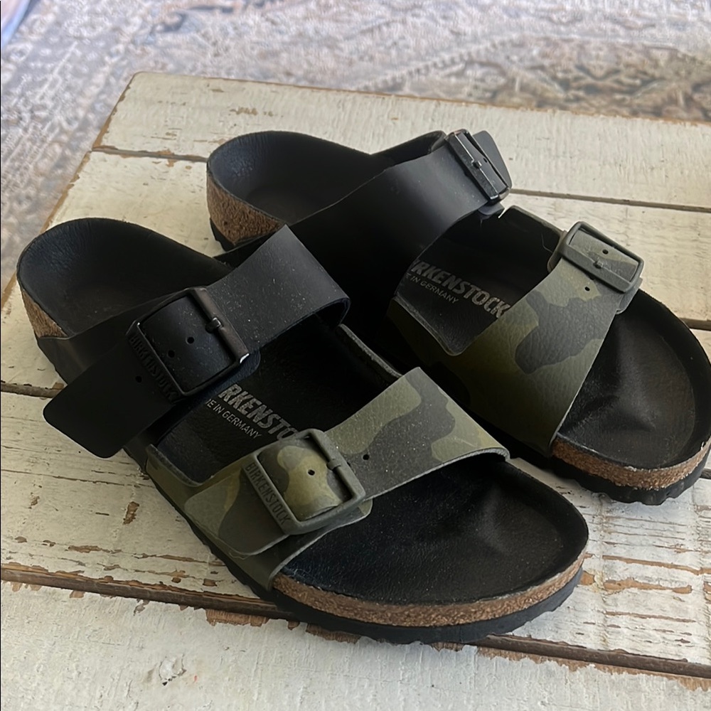 Birkenstock Black and Green Camouflage Sandals